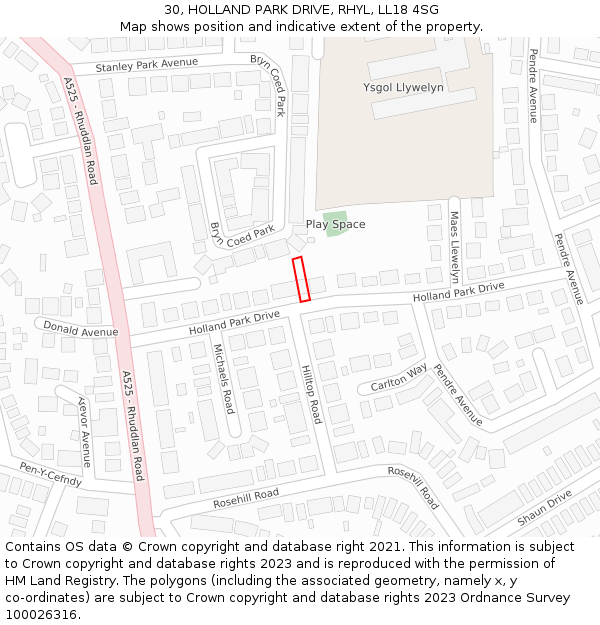 30, HOLLAND PARK DRIVE, RHYL, LL18 4SG: Location map and indicative extent of plot