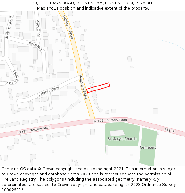 30, HOLLIDAYS ROAD, BLUNTISHAM, HUNTINGDON, PE28 3LP: Location map and indicative extent of plot