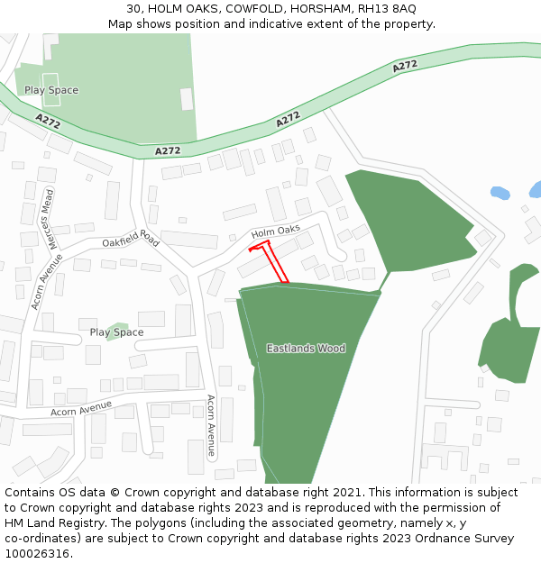 30, HOLM OAKS, COWFOLD, HORSHAM, RH13 8AQ: Location map and indicative extent of plot