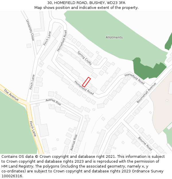 30, HOMEFIELD ROAD, BUSHEY, WD23 3FA: Location map and indicative extent of plot