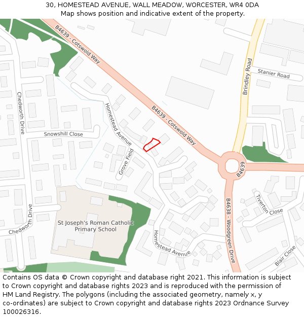 30, HOMESTEAD AVENUE, WALL MEADOW, WORCESTER, WR4 0DA: Location map and indicative extent of plot