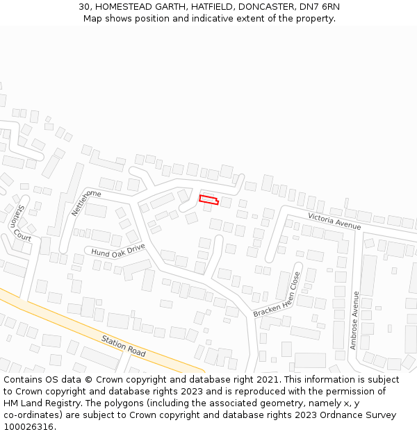 30, HOMESTEAD GARTH, HATFIELD, DONCASTER, DN7 6RN: Location map and indicative extent of plot