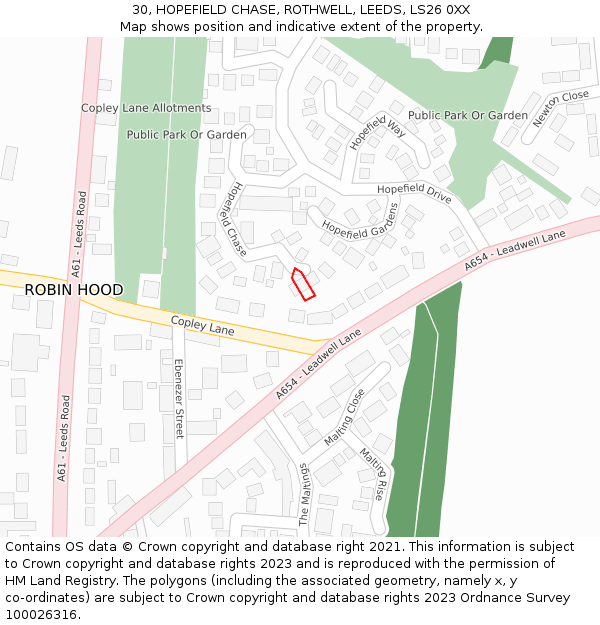 30, HOPEFIELD CHASE, ROTHWELL, LEEDS, LS26 0XX: Location map and indicative extent of plot