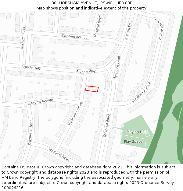 30, HORSHAM AVENUE, IPSWICH, IP3 8RP: Location map and indicative extent of plot