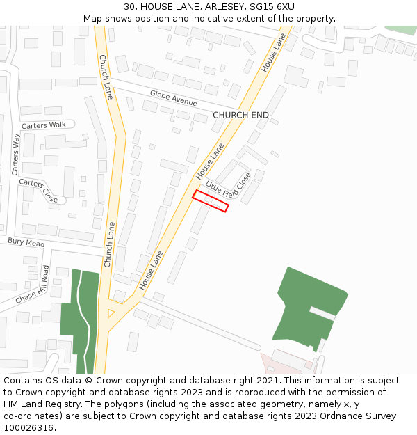 30, HOUSE LANE, ARLESEY, SG15 6XU: Location map and indicative extent of plot