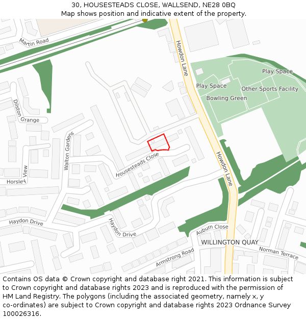 30, HOUSESTEADS CLOSE, WALLSEND, NE28 0BQ: Location map and indicative extent of plot