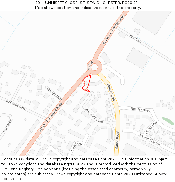 30, HUNNISETT CLOSE, SELSEY, CHICHESTER, PO20 0FH: Location map and indicative extent of plot