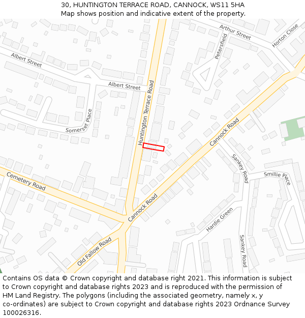 30, HUNTINGTON TERRACE ROAD, CANNOCK, WS11 5HA: Location map and indicative extent of plot