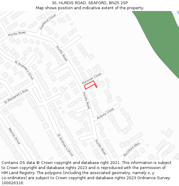 30, HURDIS ROAD, SEAFORD, BN25 2SP: Location map and indicative extent of plot