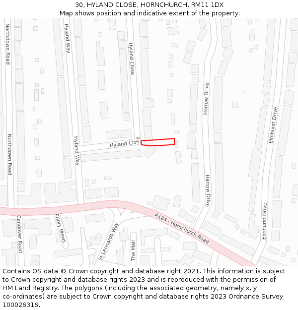 30, HYLAND CLOSE, HORNCHURCH, RM11 1DX: Location map and indicative extent of plot