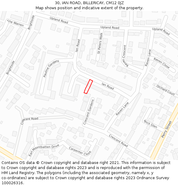 30, IAN ROAD, BILLERICAY, CM12 0JZ: Location map and indicative extent of plot