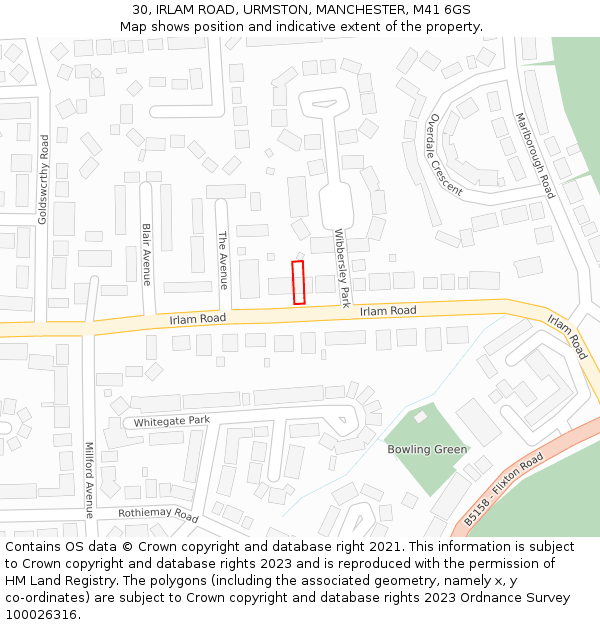 30, IRLAM ROAD, URMSTON, MANCHESTER, M41 6GS: Location map and indicative extent of plot