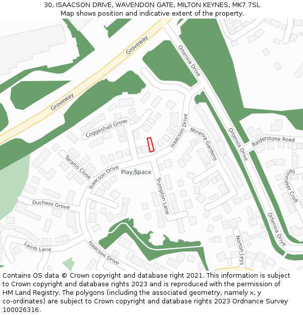 30, ISAACSON DRIVE, WAVENDON GATE, MILTON KEYNES, MK7 7SL: Location map and indicative extent of plot