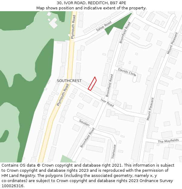 30, IVOR ROAD, REDDITCH, B97 4PE: Location map and indicative extent of plot