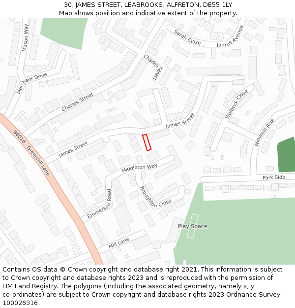 30, JAMES STREET, LEABROOKS, ALFRETON, DE55 1LY: Location map and indicative extent of plot