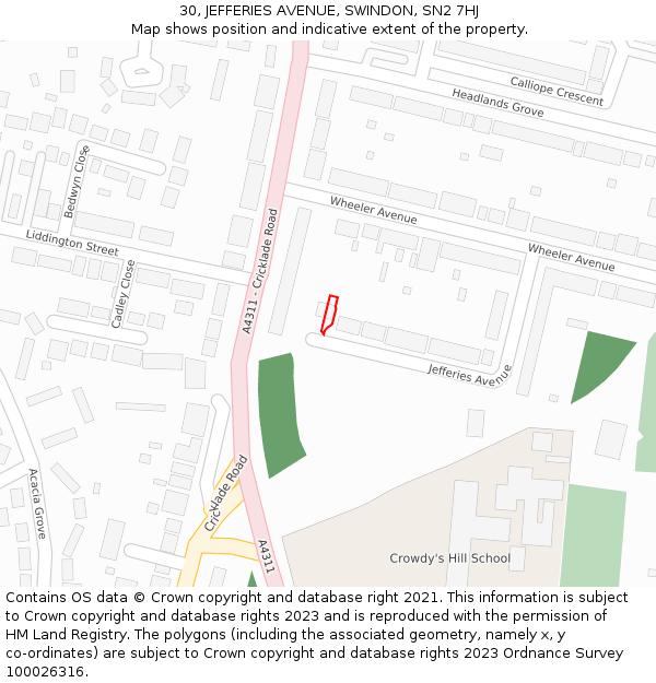 30, JEFFERIES AVENUE, SWINDON, SN2 7HJ: Location map and indicative extent of plot