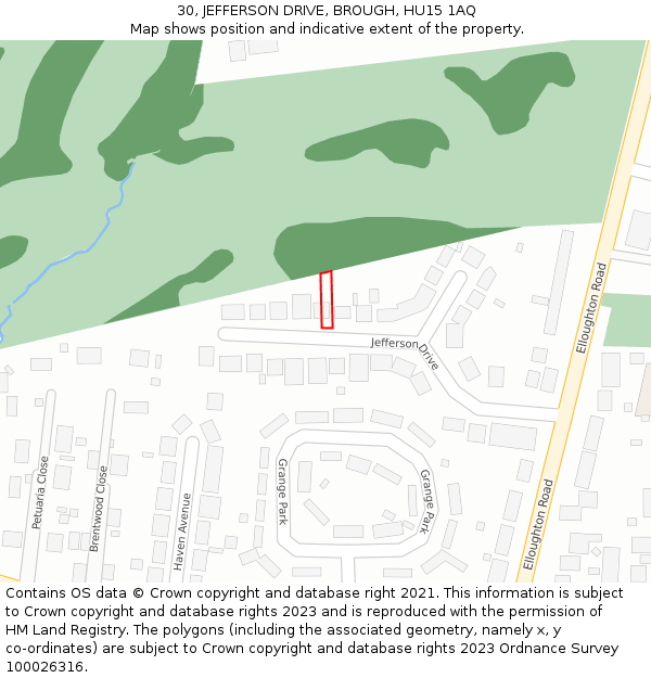 30, JEFFERSON DRIVE, BROUGH, HU15 1AQ: Location map and indicative extent of plot