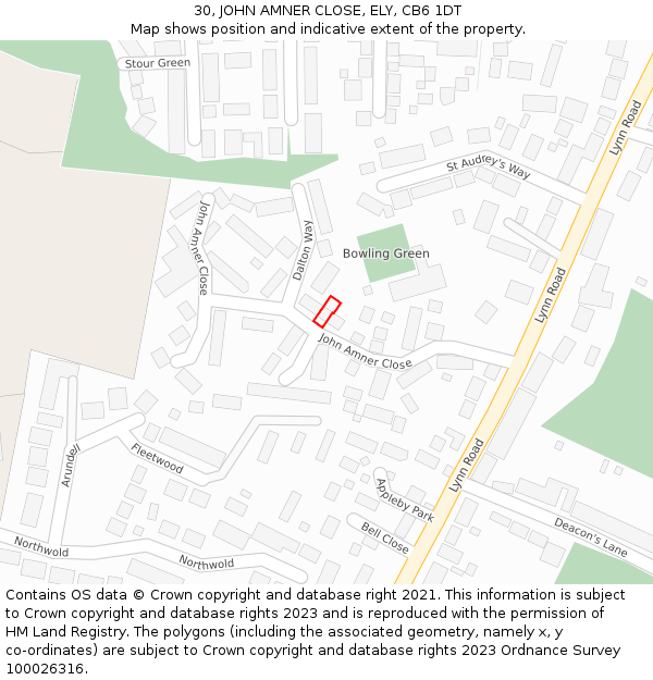 30, JOHN AMNER CLOSE, ELY, CB6 1DT: Location map and indicative extent of plot