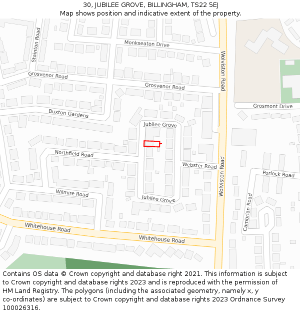 30, JUBILEE GROVE, BILLINGHAM, TS22 5EJ: Location map and indicative extent of plot