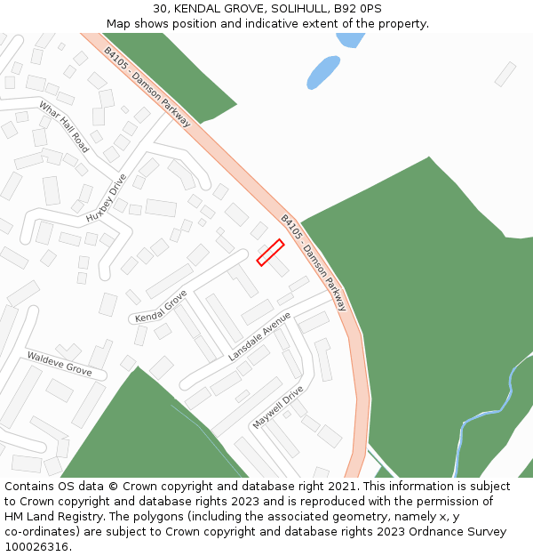 30, KENDAL GROVE, SOLIHULL, B92 0PS: Location map and indicative extent of plot