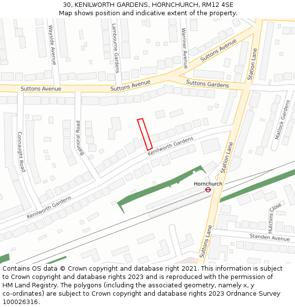 30, KENILWORTH GARDENS, HORNCHURCH, RM12 4SE: Location map and indicative extent of plot