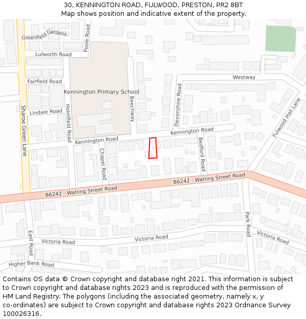 30, KENNINGTON ROAD, FULWOOD, PRESTON, PR2 8BT: Location map and indicative extent of plot