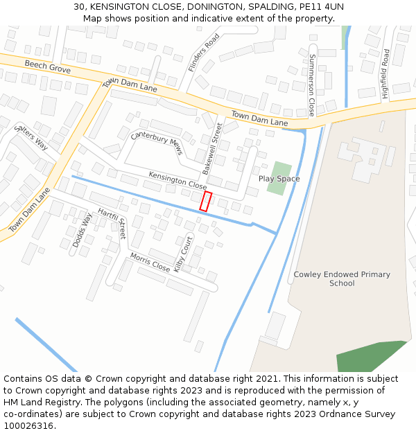 30, KENSINGTON CLOSE, DONINGTON, SPALDING, PE11 4UN: Location map and indicative extent of plot