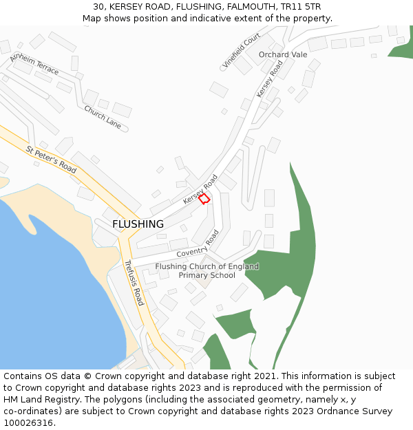 30, KERSEY ROAD, FLUSHING, FALMOUTH, TR11 5TR: Location map and indicative extent of plot