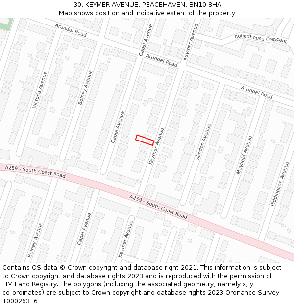 30, KEYMER AVENUE, PEACEHAVEN, BN10 8HA: Location map and indicative extent of plot