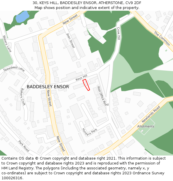 30, KEYS HILL, BADDESLEY ENSOR, ATHERSTONE, CV9 2DF: Location map and indicative extent of plot