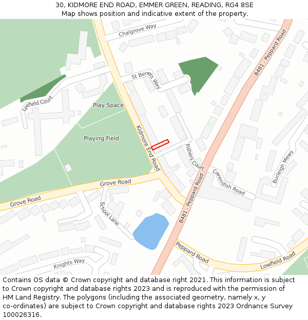 30, KIDMORE END ROAD, EMMER GREEN, READING, RG4 8SE: Location map and indicative extent of plot