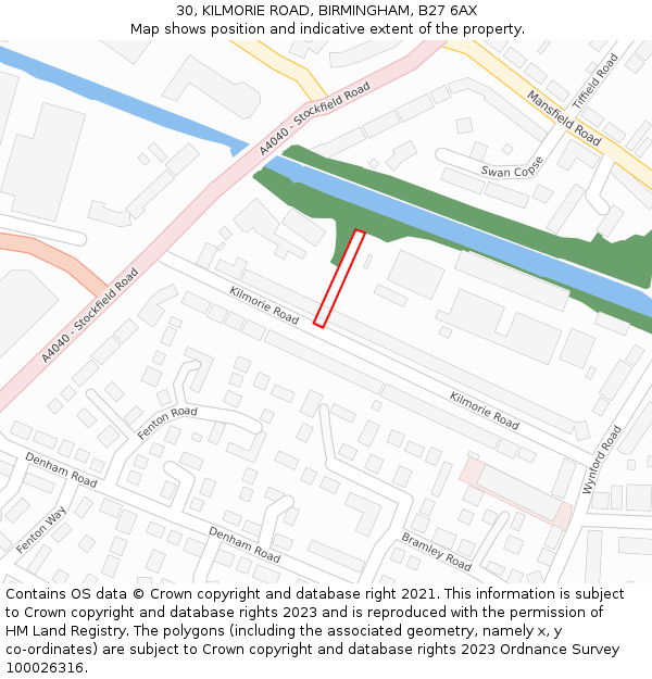 30, KILMORIE ROAD, BIRMINGHAM, B27 6AX: Location map and indicative extent of plot