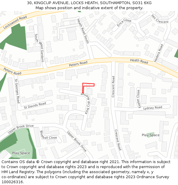 30, KINGCUP AVENUE, LOCKS HEATH, SOUTHAMPTON, SO31 6XG: Location map and indicative extent of plot