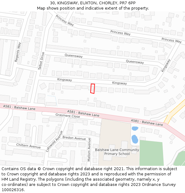 30, KINGSWAY, EUXTON, CHORLEY, PR7 6PP: Location map and indicative extent of plot