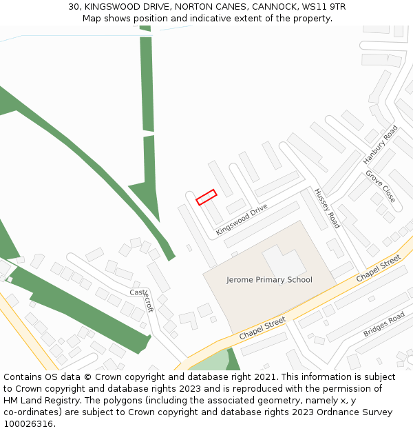 30, KINGSWOOD DRIVE, NORTON CANES, CANNOCK, WS11 9TR: Location map and indicative extent of plot