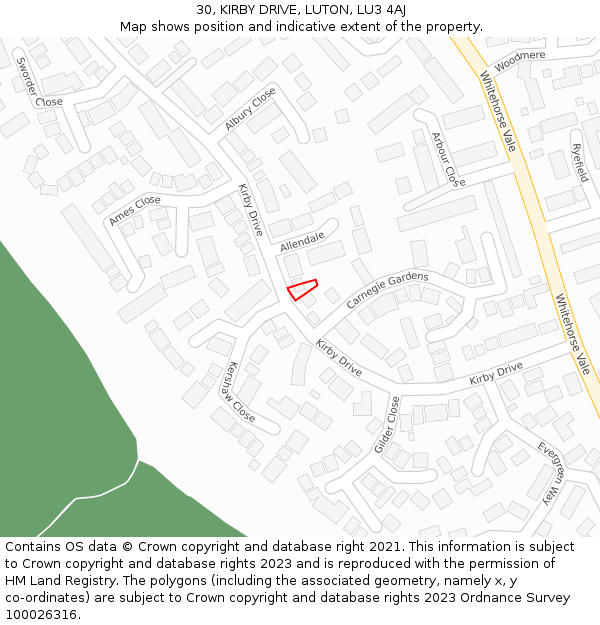 30, KIRBY DRIVE, LUTON, LU3 4AJ: Location map and indicative extent of plot