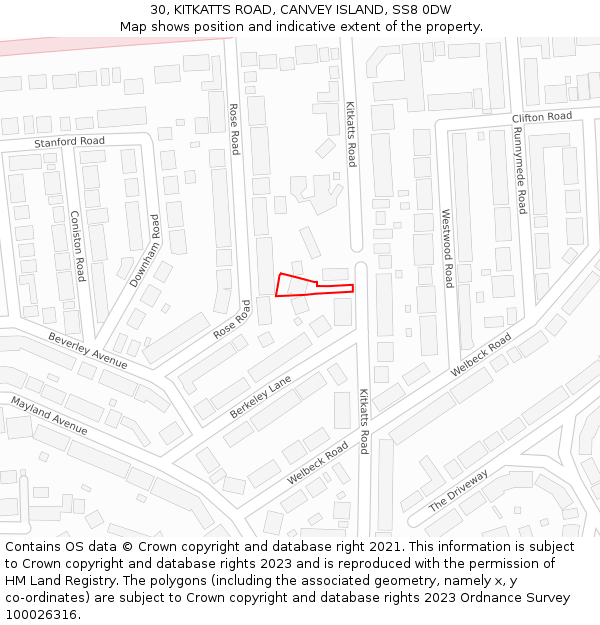 30, KITKATTS ROAD, CANVEY ISLAND, SS8 0DW: Location map and indicative extent of plot