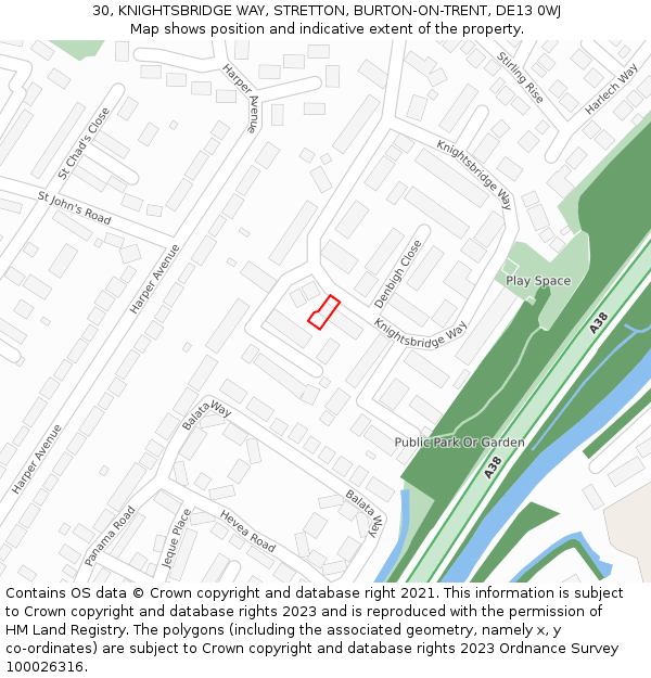30, KNIGHTSBRIDGE WAY, STRETTON, BURTON-ON-TRENT, DE13 0WJ: Location map and indicative extent of plot