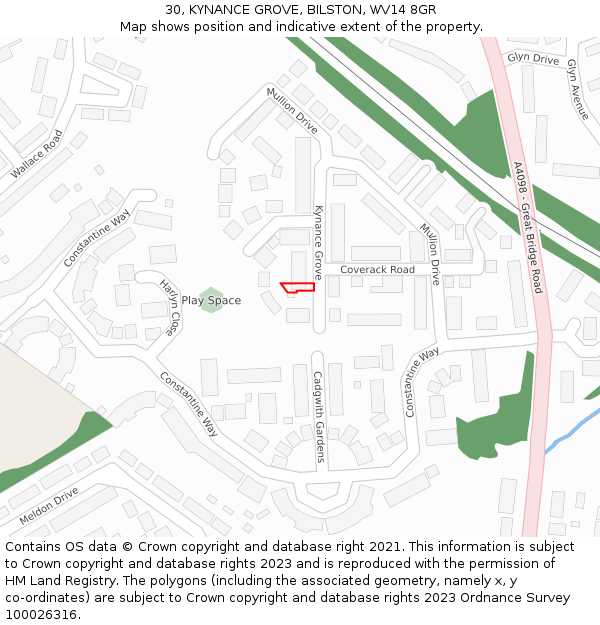 30, KYNANCE GROVE, BILSTON, WV14 8GR: Location map and indicative extent of plot