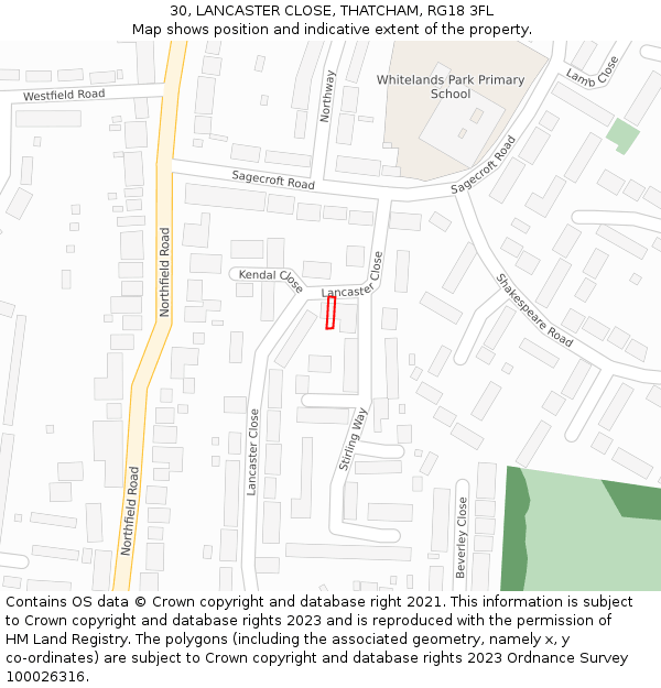 30, LANCASTER CLOSE, THATCHAM, RG18 3FL: Location map and indicative extent of plot