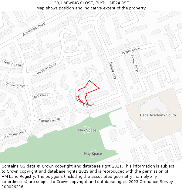 30, LAPWING CLOSE, BLYTH, NE24 3SE: Location map and indicative extent of plot
