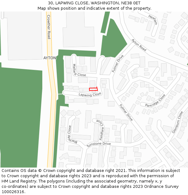 30, LAPWING CLOSE, WASHINGTON, NE38 0ET: Location map and indicative extent of plot