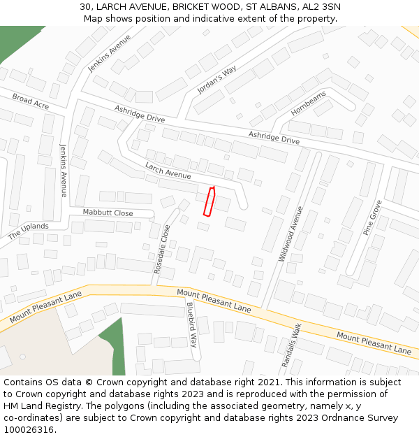 30, LARCH AVENUE, BRICKET WOOD, ST ALBANS, AL2 3SN: Location map and indicative extent of plot