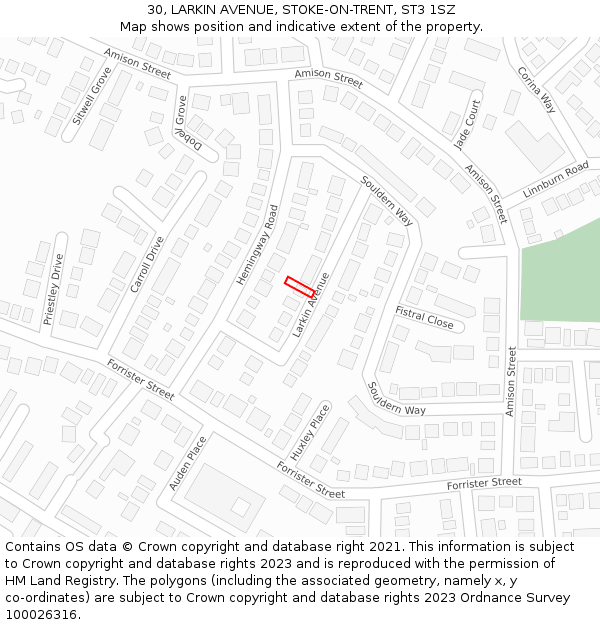 30, LARKIN AVENUE, STOKE-ON-TRENT, ST3 1SZ: Location map and indicative extent of plot