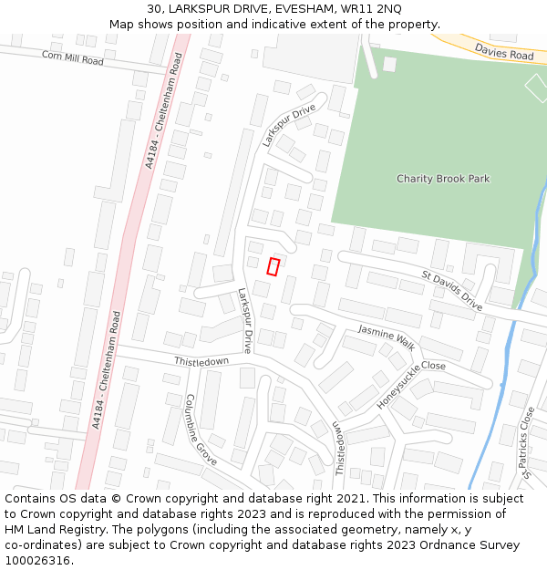 30, LARKSPUR DRIVE, EVESHAM, WR11 2NQ: Location map and indicative extent of plot