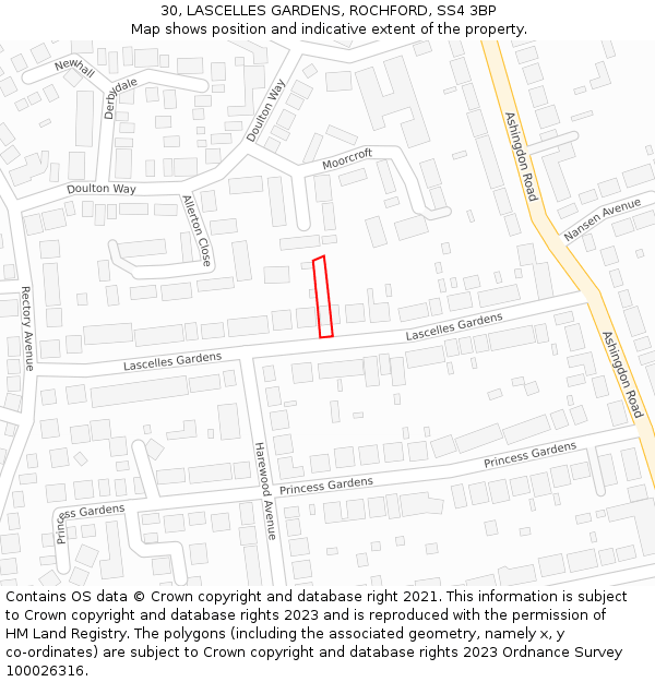 30, LASCELLES GARDENS, ROCHFORD, SS4 3BP: Location map and indicative extent of plot