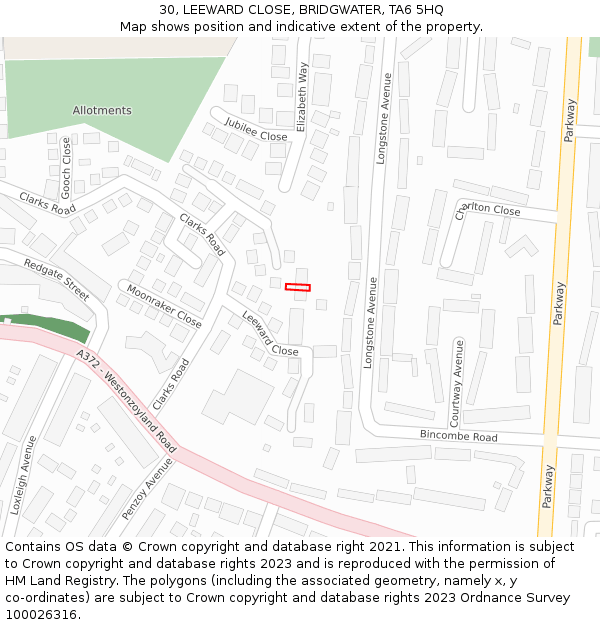 30, LEEWARD CLOSE, BRIDGWATER, TA6 5HQ: Location map and indicative extent of plot