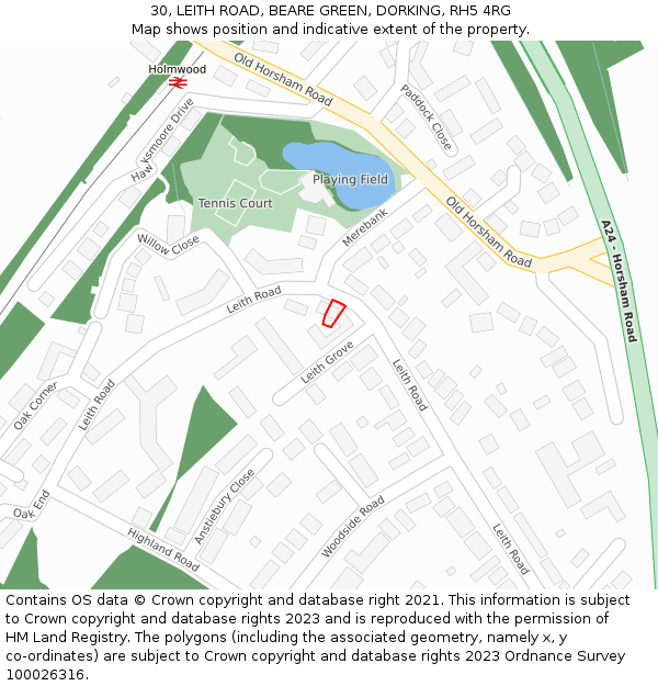 30, LEITH ROAD, BEARE GREEN, DORKING, RH5 4RG: Location map and indicative extent of plot