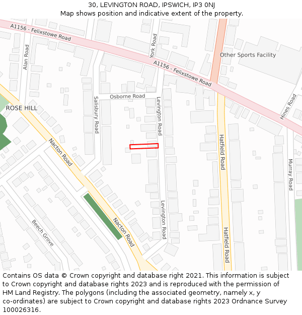 30, LEVINGTON ROAD, IPSWICH, IP3 0NJ: Location map and indicative extent of plot