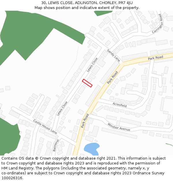 30, LEWIS CLOSE, ADLINGTON, CHORLEY, PR7 4JU: Location map and indicative extent of plot